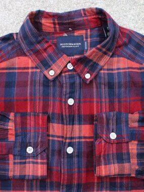 Scotch & Soda Shirt Mens Large Red/Blue Plaid Upgrade Flannel Regular Fit L/S